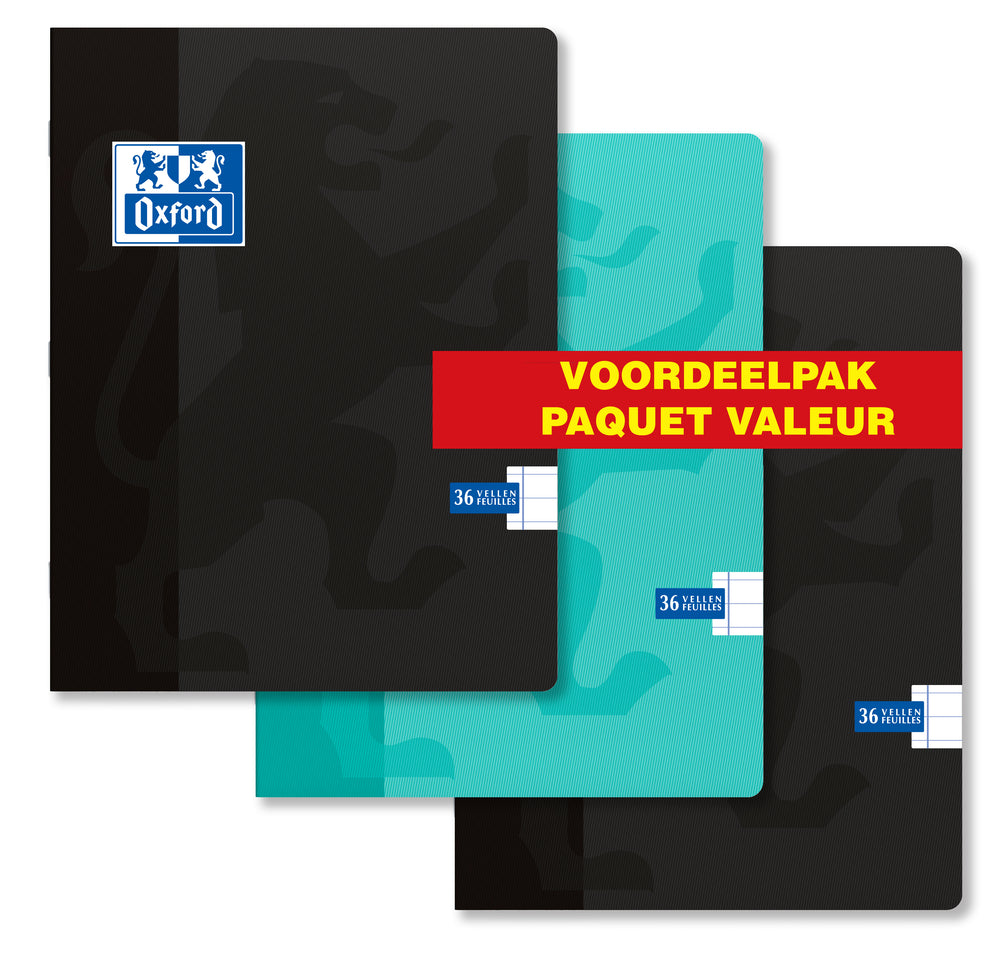 Oxford School # schrift A5 gelijnd met kantlijn 36 vel 90g soepele kartonnen kaft assorti voordeelpak 3 stuks