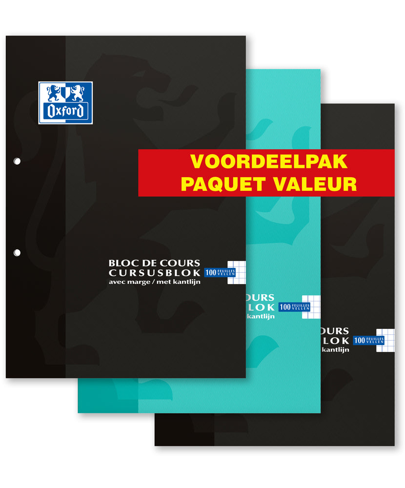 Oxford School # cursusblokken A4 geruit 5mm 100 vel 90g soepele kartonnen kaft assorti voordeelpak 3 stuks