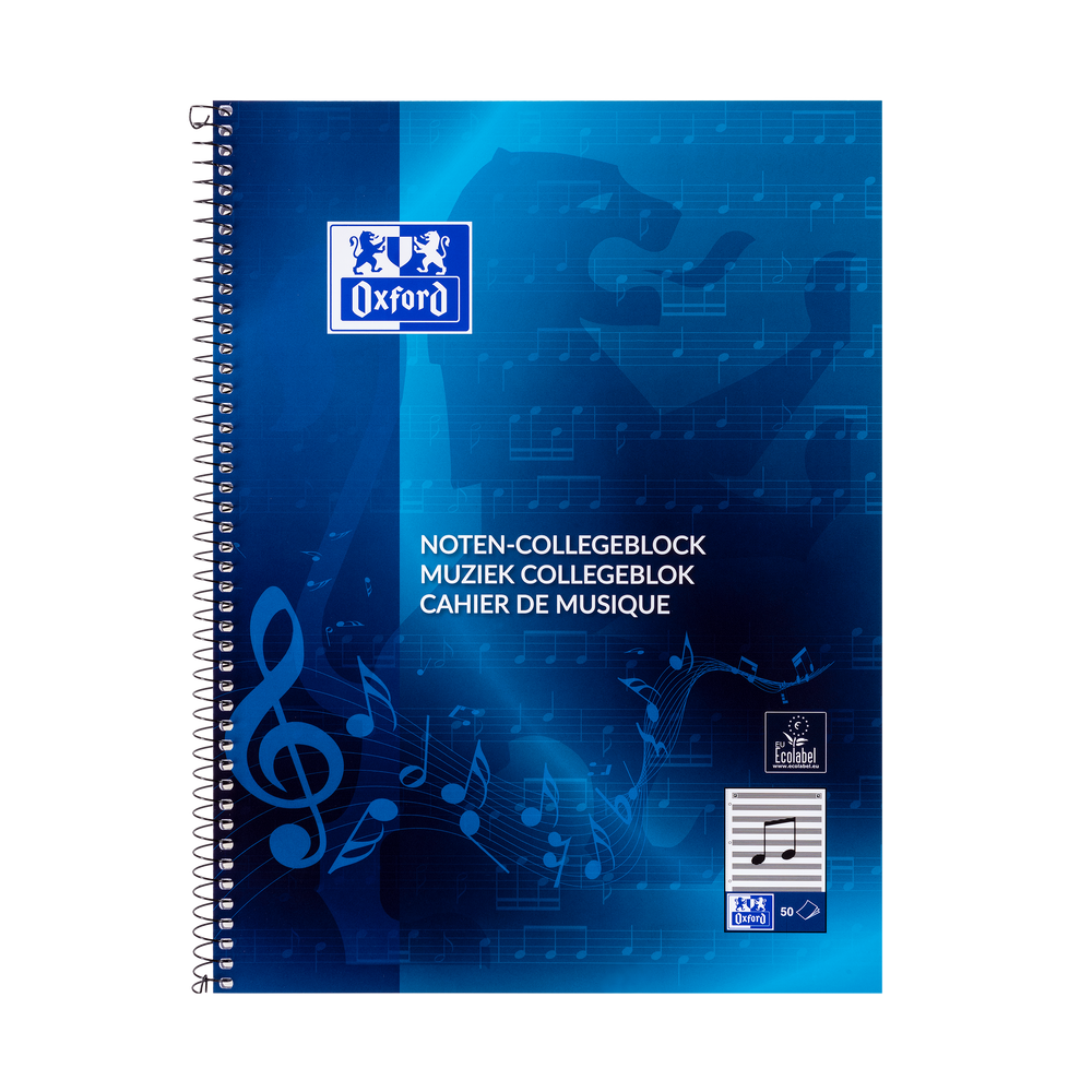 Oxford muziek # collegeblok A4 4 gaats 50 vel 90g soepele kartonnen kaft blauw