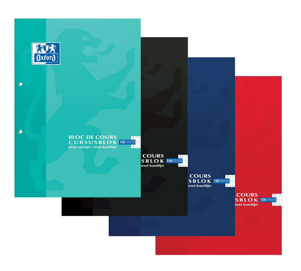 Oxford School # cursusblok A4 geruit 4x8mm 2 gaats 100 vel 90g soepele kartonnen kaft assorti