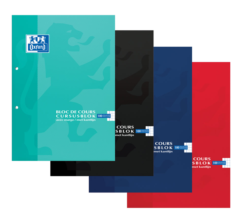 Oxford School # cursusblok A4 geruit 5mm 2 gaats 100 vel 90g soepele kartonnen kaft assorti