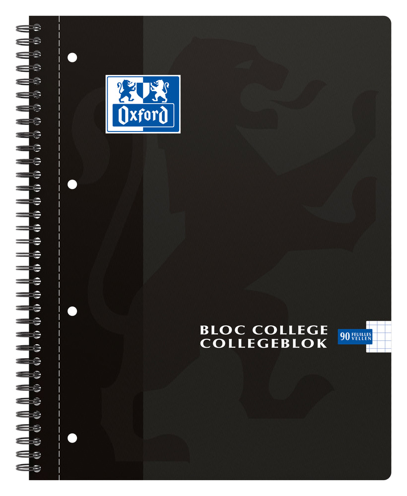Oxford School # collegeblok A4+ geruit 5mm 4 gaats 90 vel 90g soepele kartonnen kaft zwart